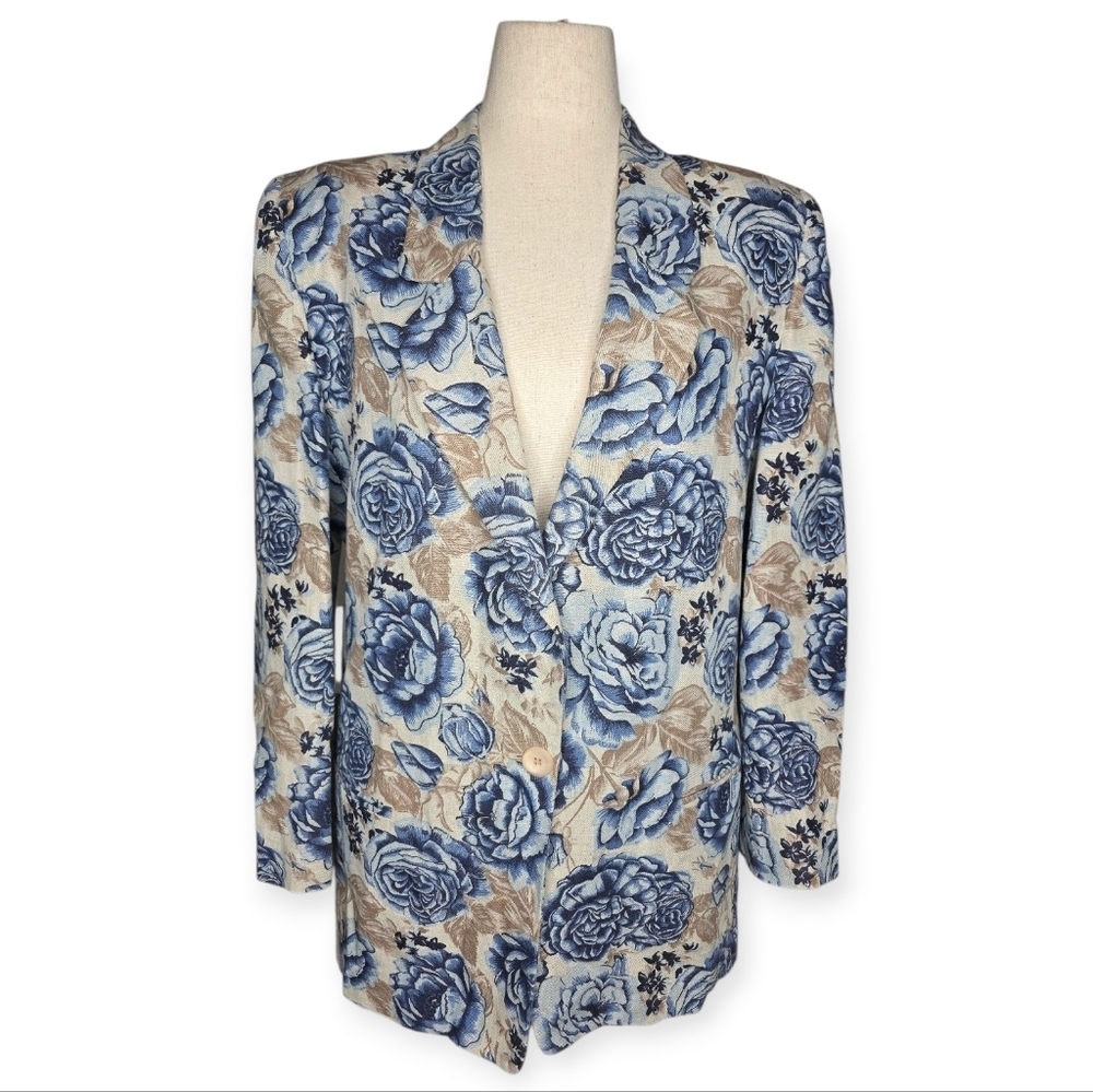 Vintage Pappagallo Blue Floral Linen Blend Blazer Size 12 USA